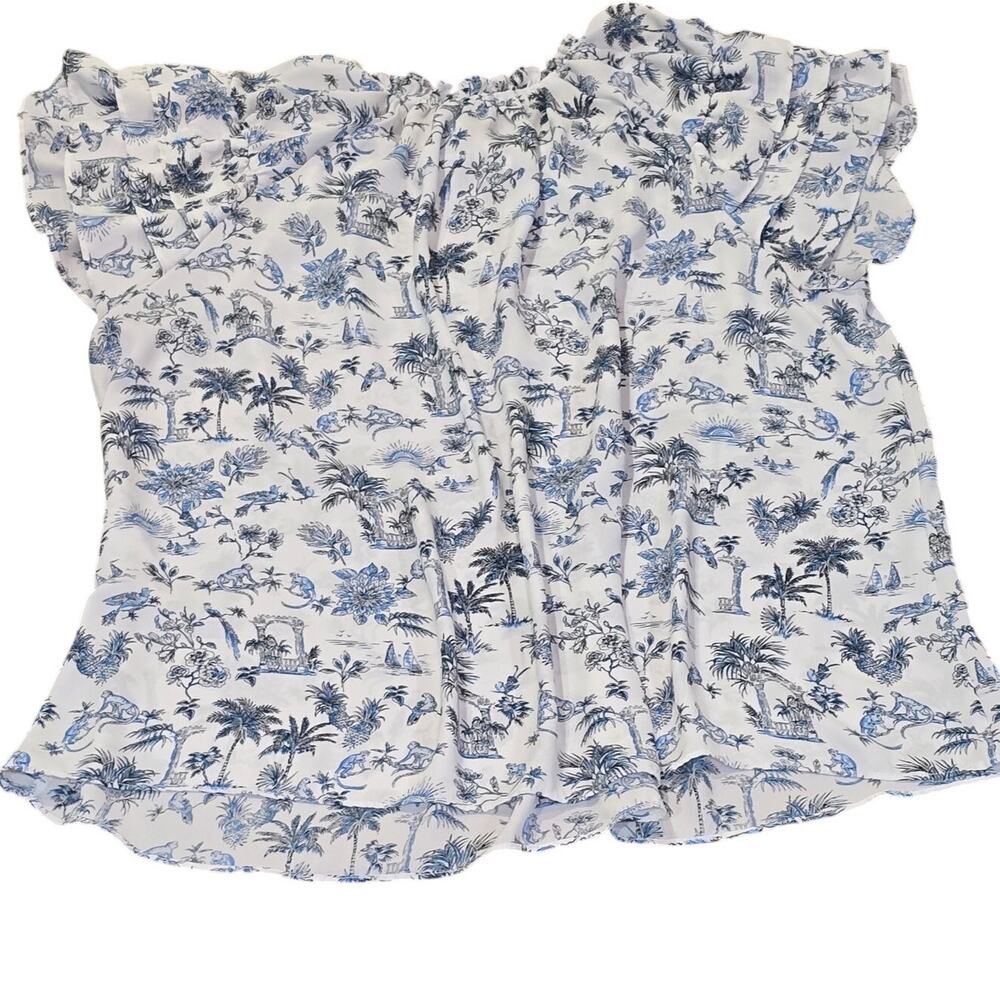 Rose + Olive Coastal Blue White Tropical Toile Flutter Sleeve Tassel Neck Blouse - Picture 11 of 11
